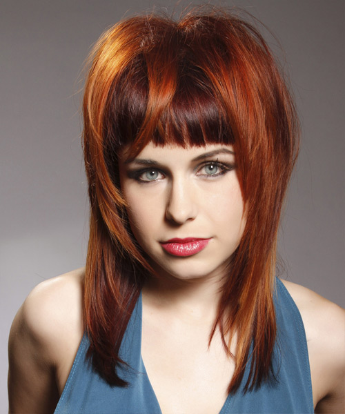 Straight   Dark Red and Orange Two-Tone with Blunt Cut Bangs