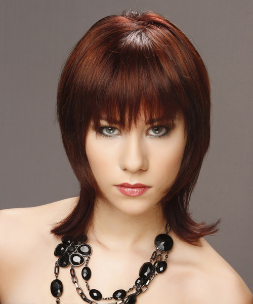 Medium Straight Layered  Dark Red Bob  Haircut with Blunt Cut Bangs