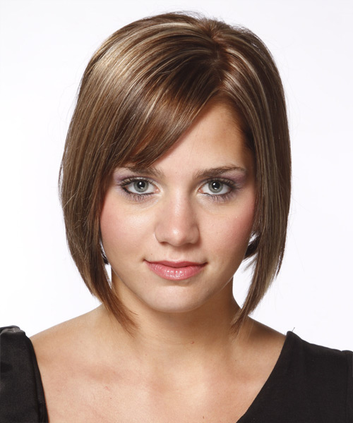 Medium Straight Ash Brunette Bob Haircut with Side Swept Bangs and ...