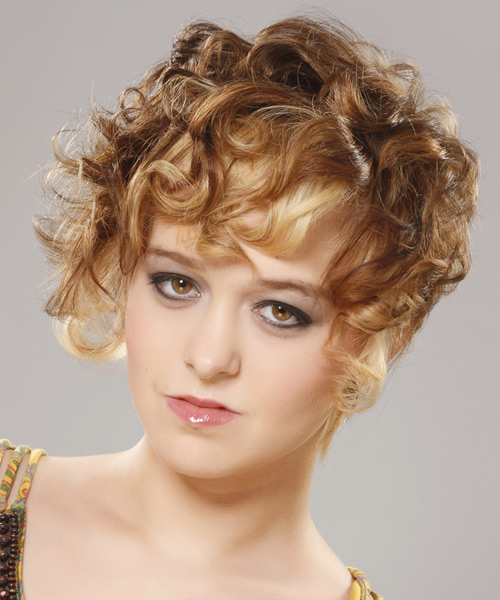 Short Curly Light Caramel Brunette Hairstyle With Light Blonde