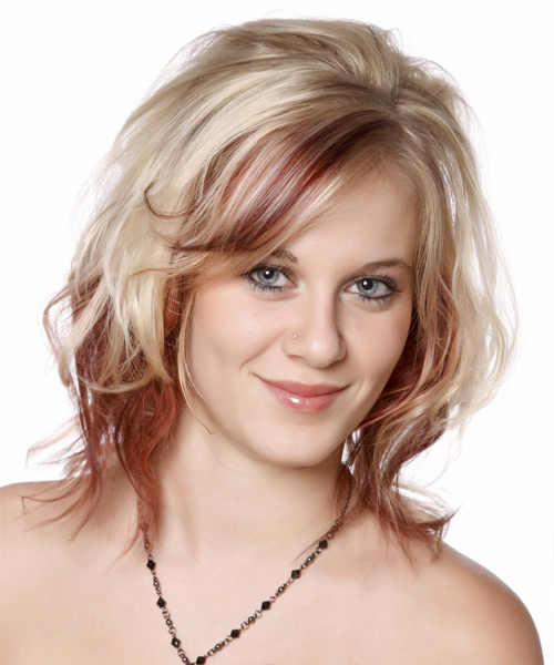 Medium Wavy Light Blonde Hairstyle With Side Swept Bangs And Red