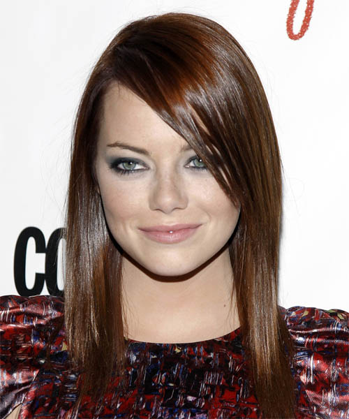 Emma Stone Long Straight Hairstyle With Side Swept Bangs