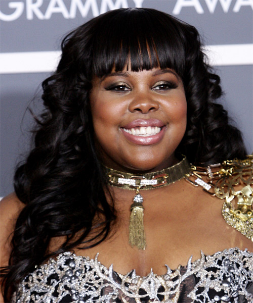 Amber Riley Long Curly   Black    Hairstyle with Blunt Cut Bangs