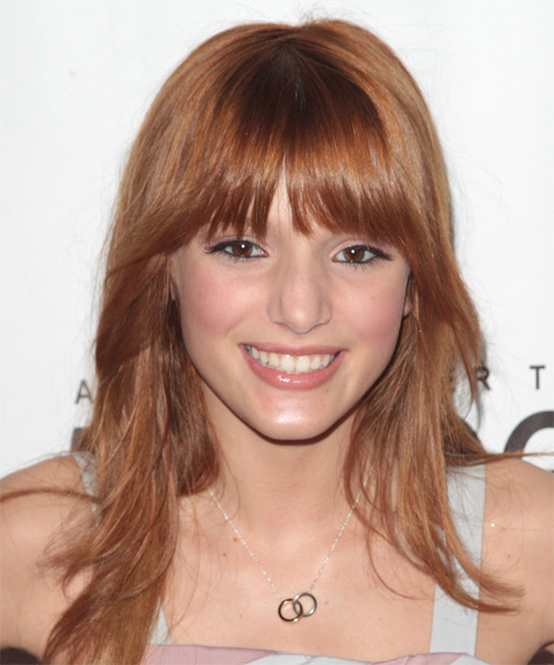 Bella Thorne Long Straight   Orange    Hairstyle with Blunt Cut Bangs
