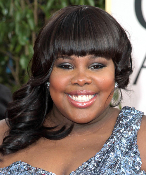Amber Riley Long Curly   Dark Brunette   Hairstyle with Blunt Cut Bangs