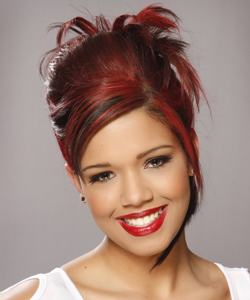 Long Straight    Red Updo Hairstyle with Side Swept Bangs  and Black Highlights