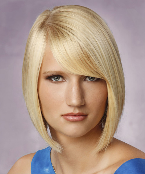 Medium Straight   Light Blonde Bob  Haircut with Side Swept Bangs