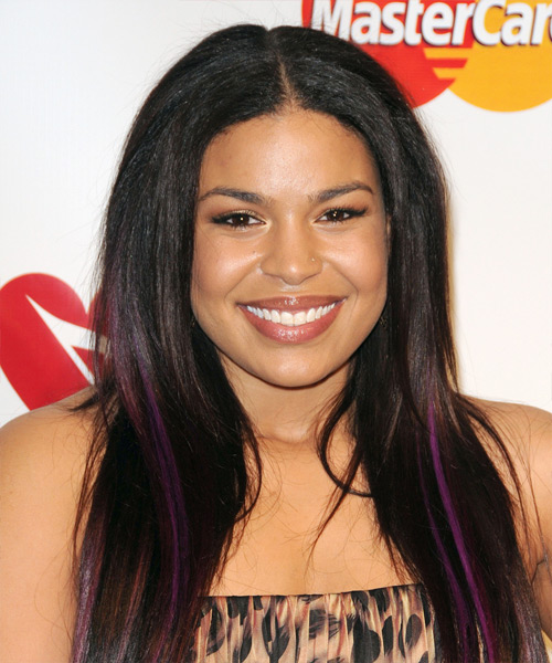 Jordin Sparks Long Straight   Black    Hairstyle   with Purple Highlights