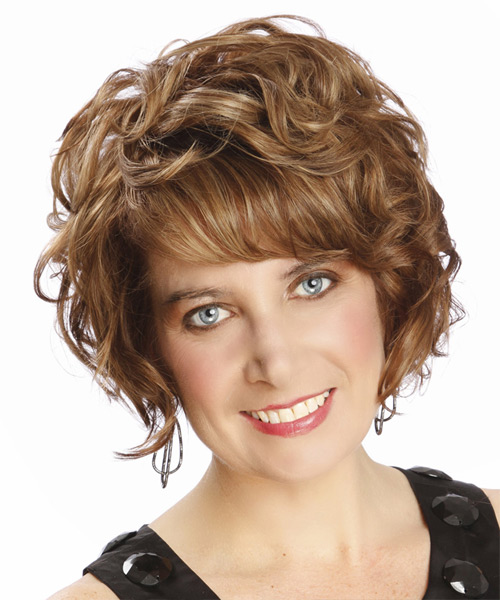 Short Curly Chestnut Brunette Hairstyle With Side Swept Bangs And