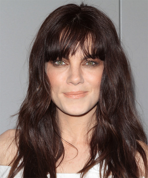 Michelle Monaghan Long Wavy   Dark Chocolate Brunette   Hairstyle with Blunt Cut Bangs