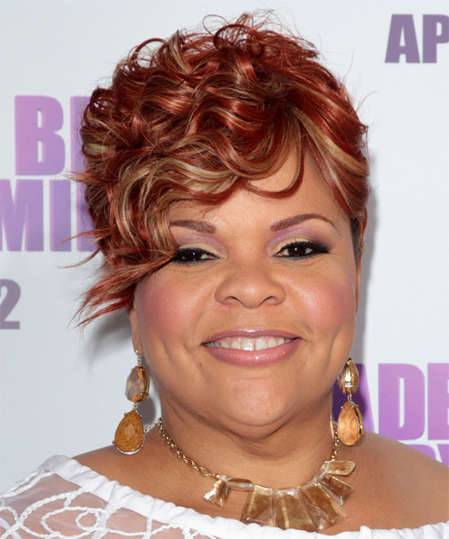Tamela J. Mann Short Curly    Red   Hairstyle with Side Swept Bangs  and  Blonde Highlights