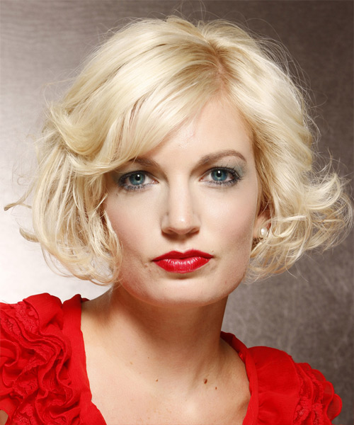 Short Light Platinum Blonde Bob Wavy Haircut With Side Swept Bangs