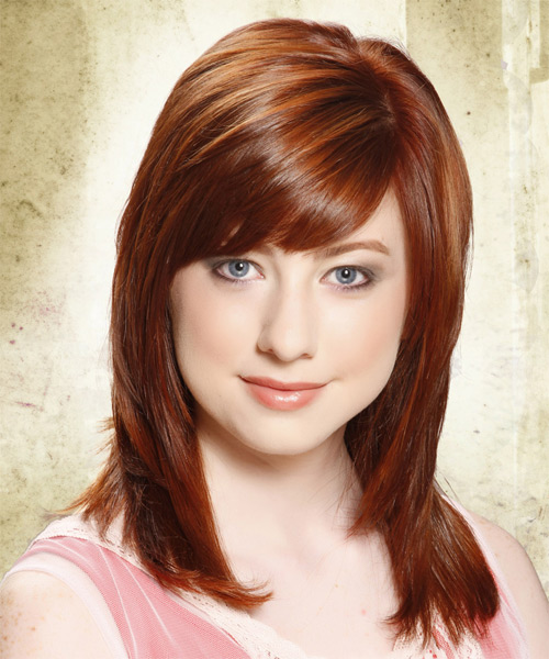 Straight    Copper Red with Side Swept Bangs  and Light Red Highlights - side view