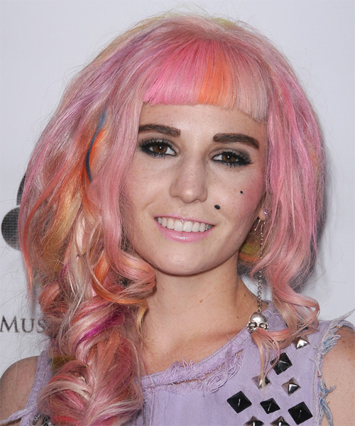 Audrey Kitching Long Curly   Pink  and Light Blonde Two-Tone Emo  Hairstyle with Blunt Cut Bangs  and Orange Highlights