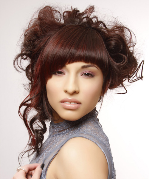   Long Curly   Dark Auburn Brunette  Updo  with Asymmetrical Bangs  and Dark Red Highlights