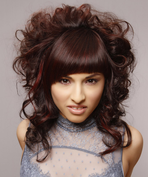 Long Curly   Dark Auburn Brunette  Half Up Half Down Hairstyle with Blunt Cut Bangs  and Dark Red Highlights