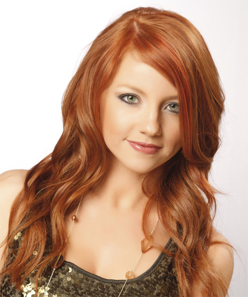 Wavy    Red with Side Swept Bangs  and Dark Red Highlights