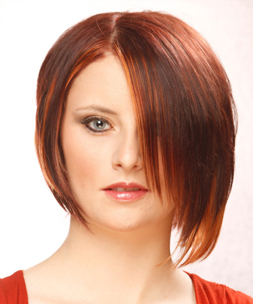 Straight Dark Mahogany Red Asymmetrical Haircut With Orange Highlights