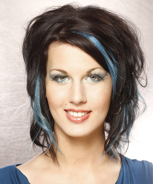 Medium Wavy   Blue  and Dark Brunette Two-Tone   Hairstyle   with Blue Highlights