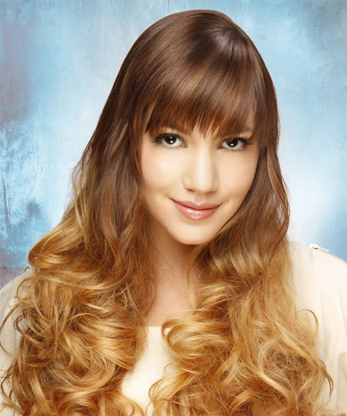 Long Curly   Light Brunette and  Blonde Two-Tone   Hairstyle with Layered Bangs