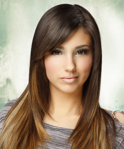 Long Straight Dark Golden Brunette and Light Brunette Two-Tone Hairstyle  with Side Swept Bangs