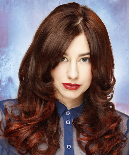 Long Wavy    Chocolate Brunette   Hairstyle with Side Swept Bangs  and Dark Red Highlights