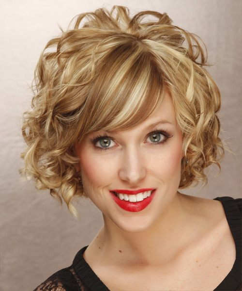 Short Curly Dark Golden Blonde Hairstyle With Light Blonde Highlights