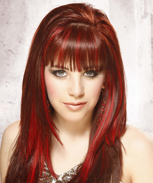 Long Straight    Bright Red   Hairstyle with Blunt Cut Bangs  and Light Red Highlights