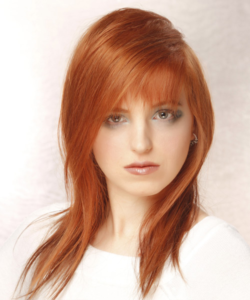 Long Straight   Light Red   Hairstyle with Asymmetrical Bangs