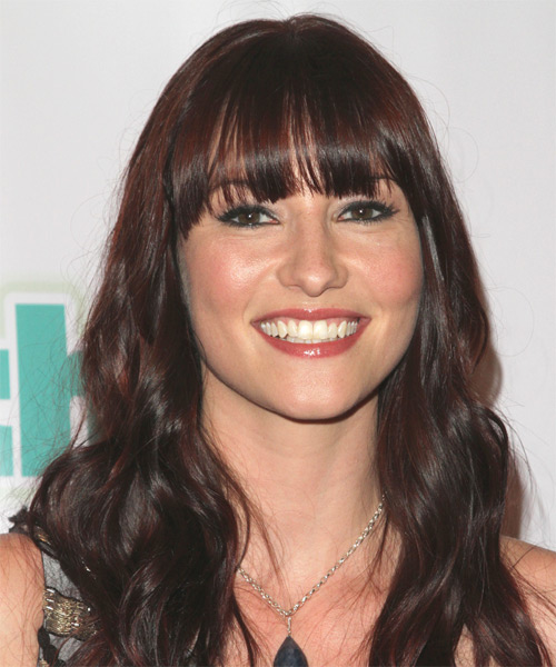 Chyler Leigh Long Wavy   Dark Mocha Brunette   Hairstyle with Blunt Cut Bangs