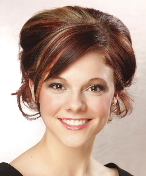 Long Curly    Auburn Brunette Updo Hairstyle with Side Swept Bangs  and Light Blonde Highlights