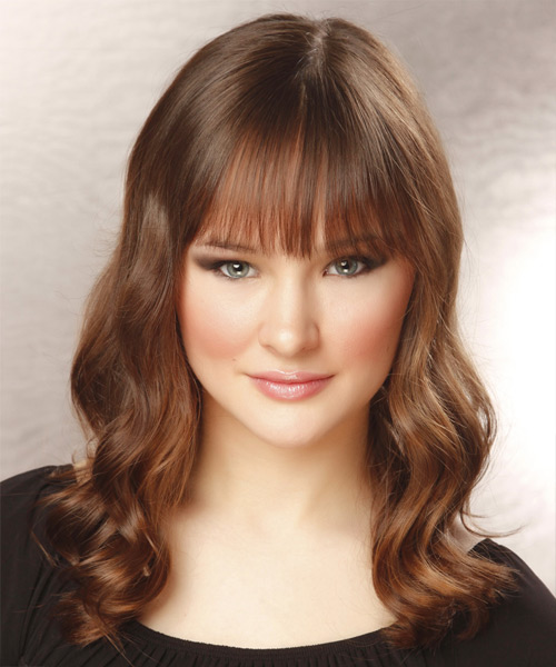 Long Wavy   Light Chocolate Brunette   Hairstyle with Blunt Cut Bangs