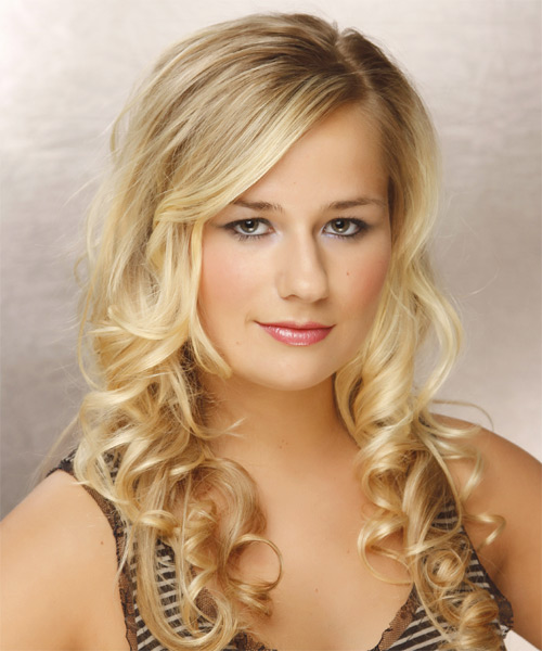 Long Curly    Golden Blonde   Hairstyle with Side Swept Bangs  and Light Blonde Highlights