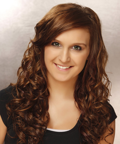 Long Curly    Brunette   Hairstyle with Side Swept Bangs