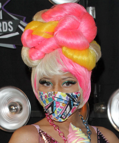 Nicki Minaj Long Curly   Light Platinum Blonde and Pink Two-Tone  Updo Hairstyle with Layered Bangs  and Yellow Highlights
