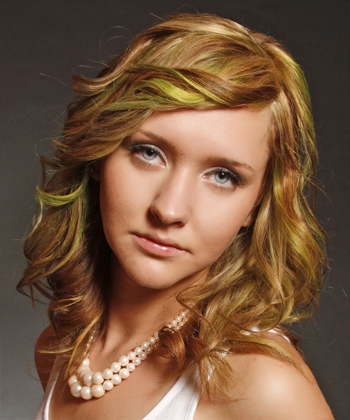 Medium Wavy   Dark Blonde   Hairstyle with Side Swept Bangs  and Green Highlights