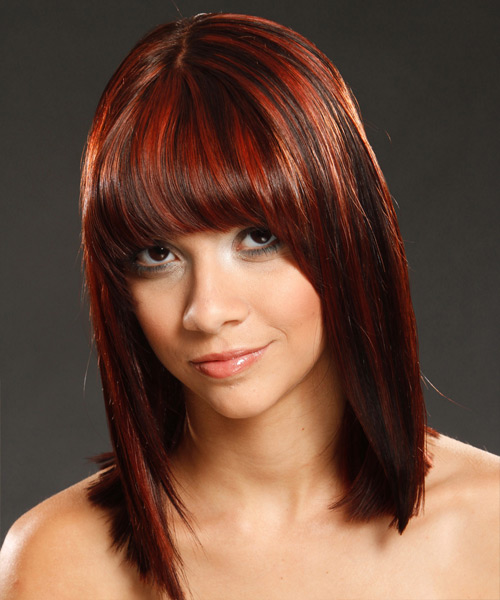 Medium Straight   Dark Red   Hairstyle with Blunt Cut Bangs  and Dark Red Highlights