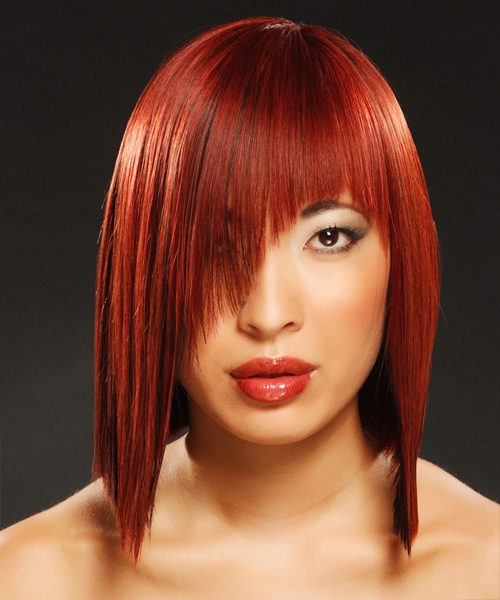 Straight Dark Red Shoulder-Length Emo Hairstyle With Asymmetrical Bangs