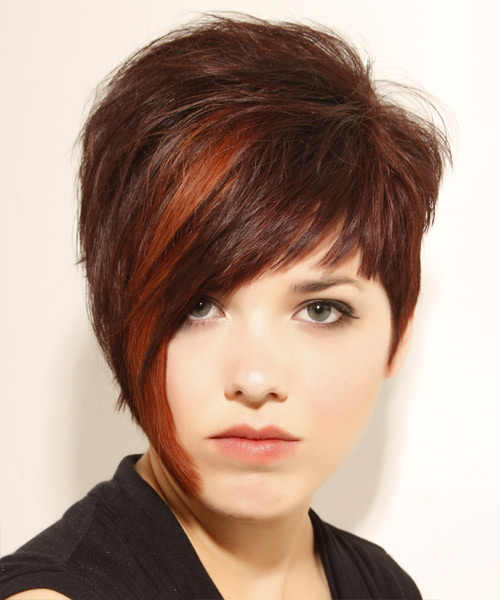 High Textured Mahogany Brunette Asymmetrical Haircut With Red Highlights