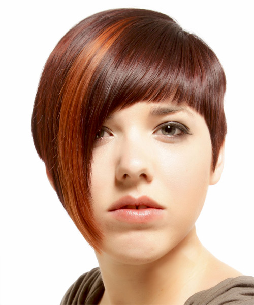 Short Burgundy Red Straight Asymmetrical Haircut With Razor Cut Bangs And Orange Highlights