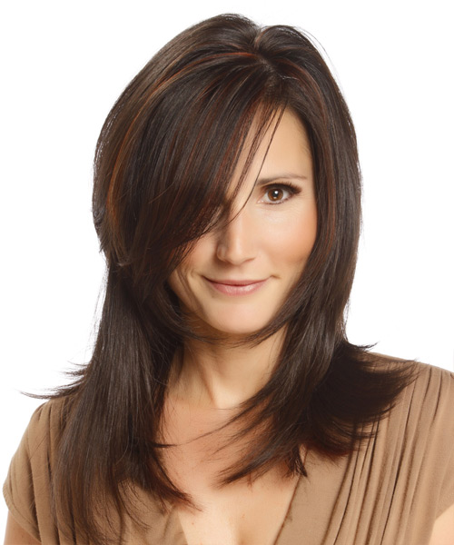 Long Straight   Dark Brunette   Hairstyle with Side Swept Bangs  and  Red Highlights