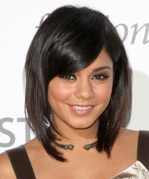 Vanessa Hudgens Medium Straight Layered  Black  Bob  Haircut with Side Swept Bangs