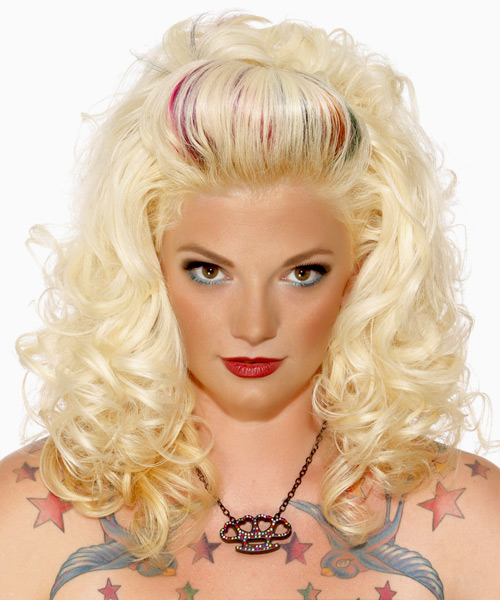 Long Curly   Light Bright Blonde   Hairstyle   with Purple Highlights