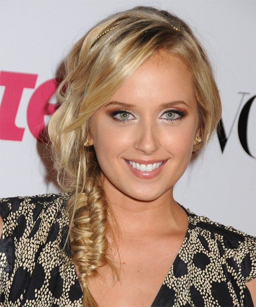 Megan Park  Long Curly    Golden Blonde Braided Half Up Hairstyle   with Light Blonde Highlights