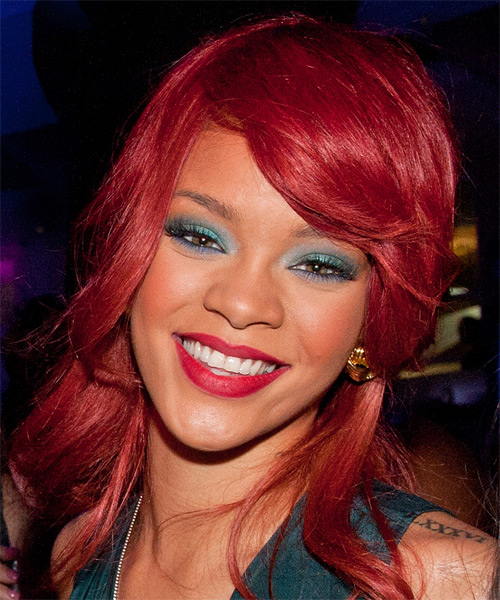 Rihanna Long Smooth Red Hairstyle with Side Swept Bangs