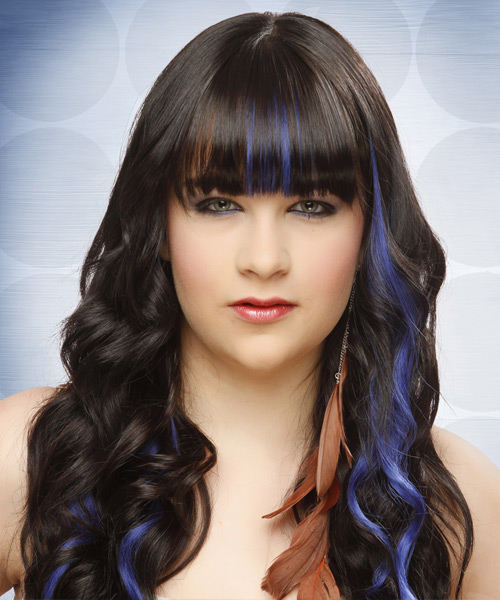 Long Wavy   Black    Hairstyle with Blunt Cut Bangs  and Blue Highlights