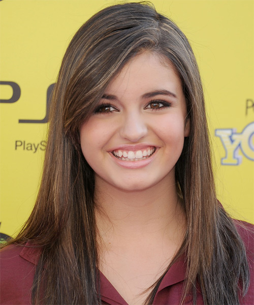 Rebecca Black Long Straight   Dark Brunette   Hairstyle with Side Swept Bangs