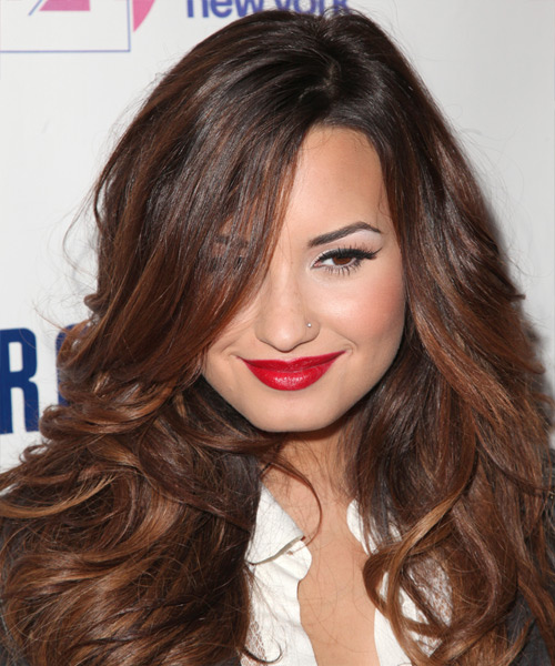 Demi Lovato Long Wavy Dark Auburn Brunette Hairstyle