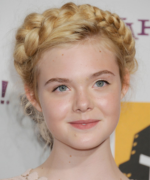 Elle Fanning  Long Curly   Light Golden Blonde Braided Updo Hairstyle