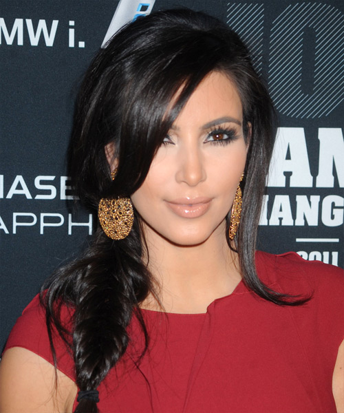 Kim Kardashian  Long Curly   Black  Braided Half Up Half Down Hairstyle